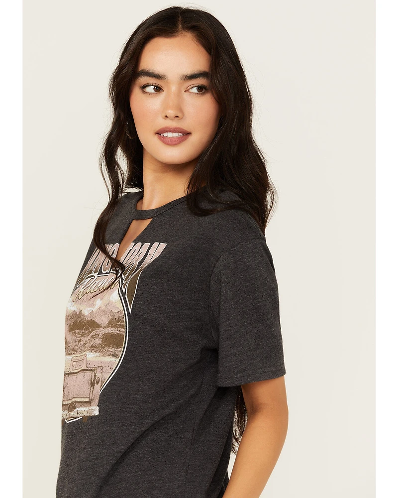 Youth Revolt Women's Cutout Neck Long Horn Ranch Graphic Tee