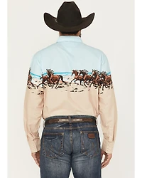 Panhandle Slim Men's Horse Border Print Long Sleeve Pearl Snap Western Shirt