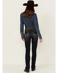 Rock & Roll Denim Women's Dark Wash Mid Rise Embroidered Riding Stretch Jeans