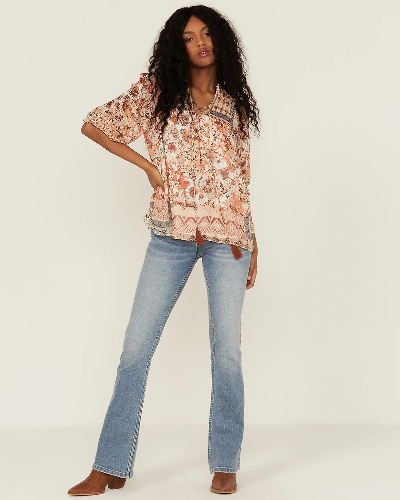 Miss Me Women's Mauve Patchwork Peasant Tassel Top