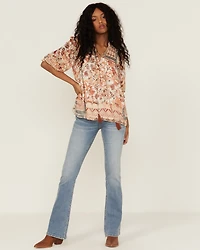 Miss Me Women's Mauve Patchwork Peasant Tassel Top