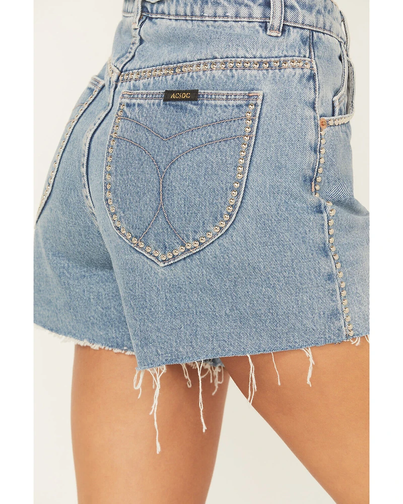 Rolla's X AC/DC Women's Medium Wash High Rise Studded Mirage Cut-Off Denim Shorts