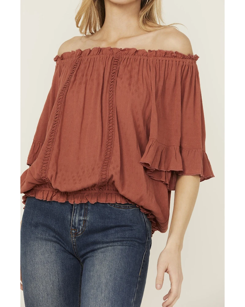 Band Of The Free Women's Solid Short Sleeve Off Shoulder Blouse