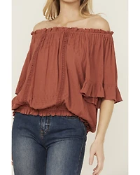 Band Of The Free Women's Solid Short Sleeve Off Shoulder Blouse