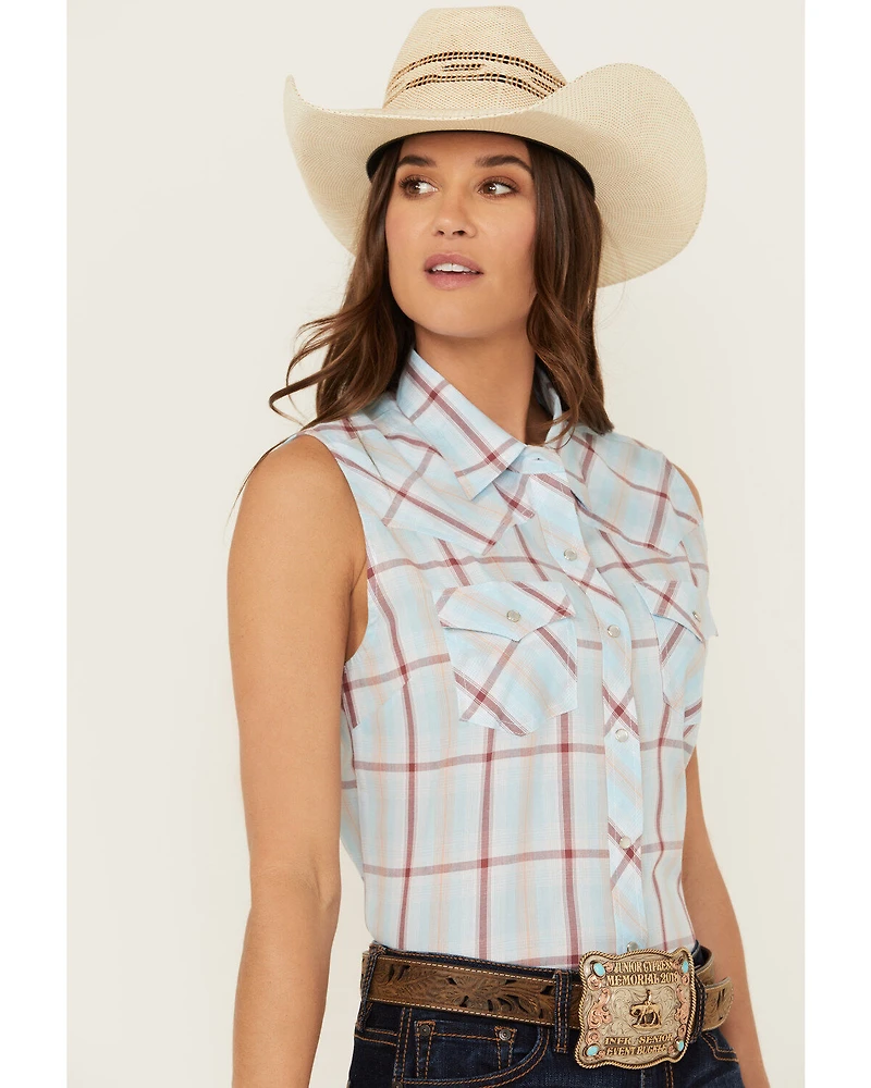 Ely Walker Women's Plaid Print Sleeveless Pearl Snap Western Shirt