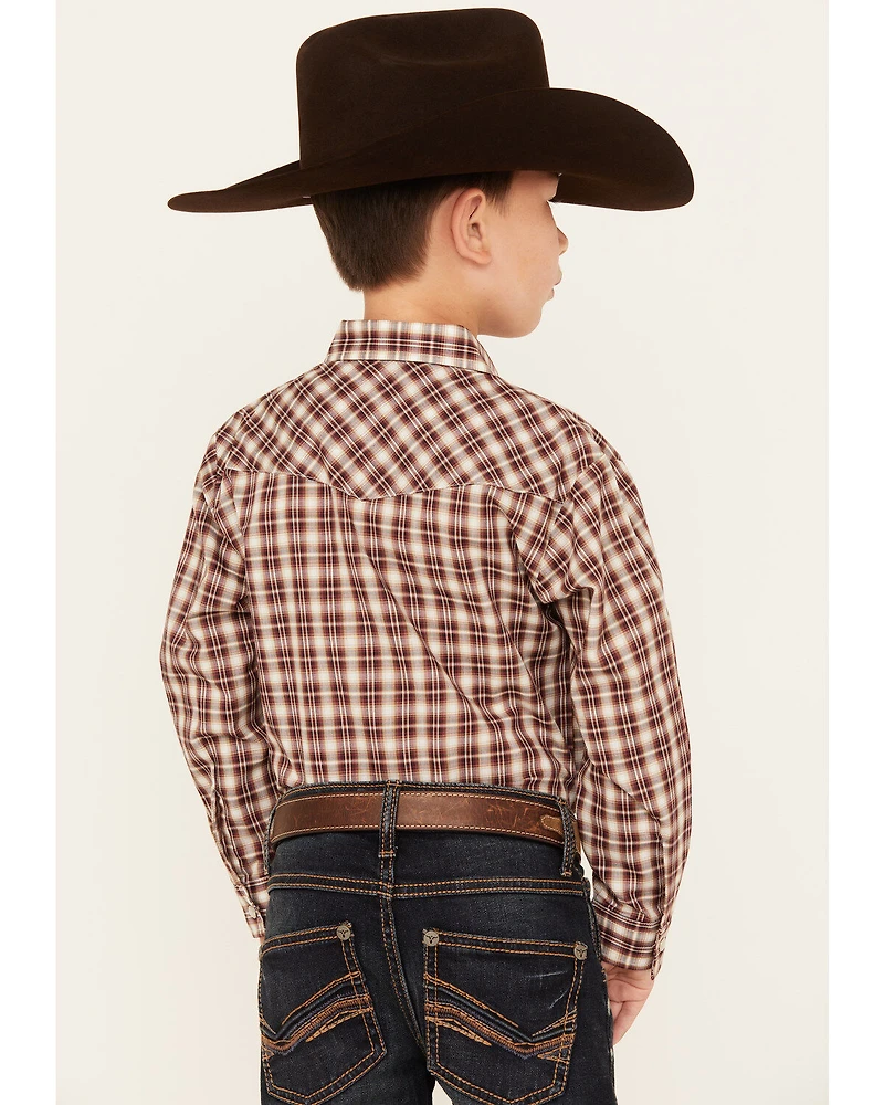 Roper Boys' Plaid Print Cowboy Embroidery Long Sleeve Pearl Snap Western Shirt