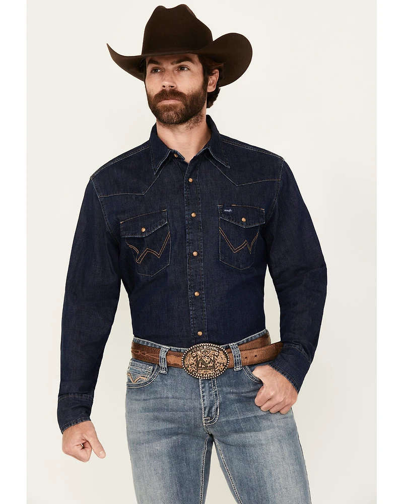 Wrangler Men's Medium Wash Denim Long Sleeve Snap Western Shirt - Tall