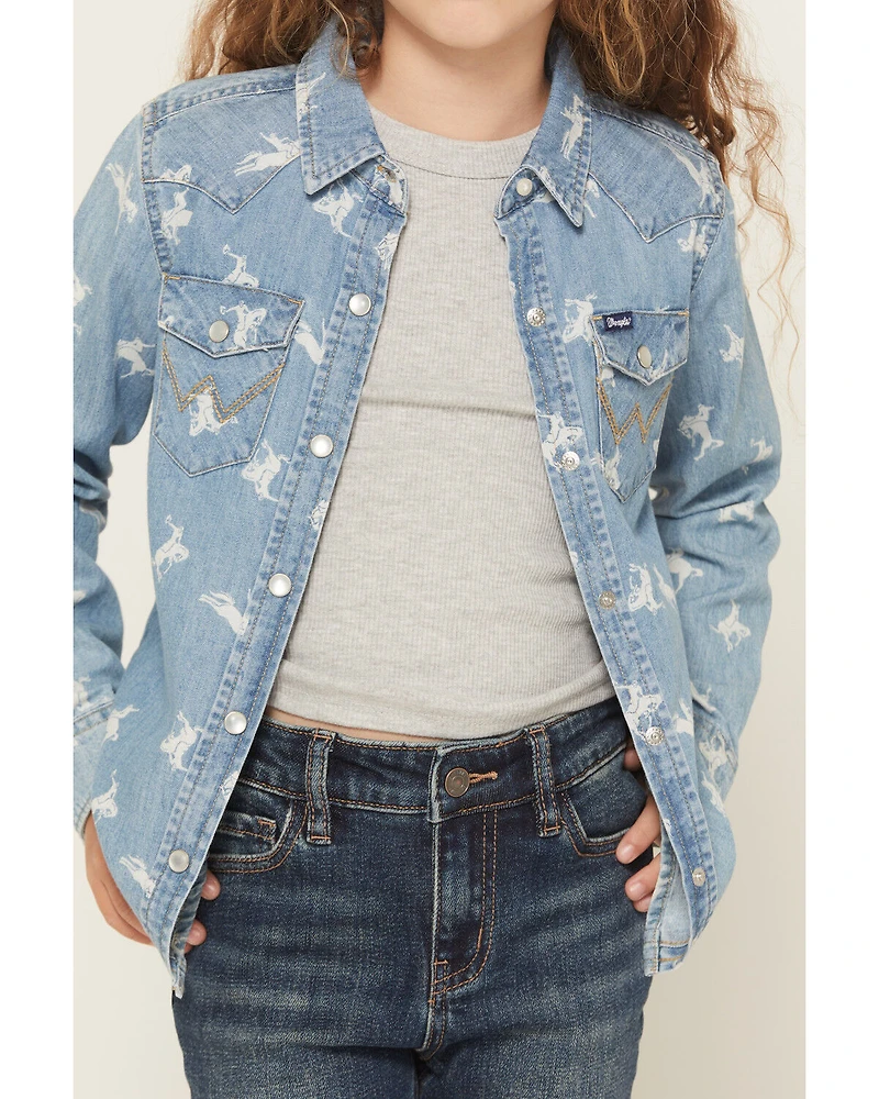 Wrangler Girls' Conversation Print Long Sleeve Snap Denim Western Shirt