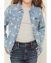 Wrangler Girls' Conversation Print Long Sleeve Snap Denim Western Shirt