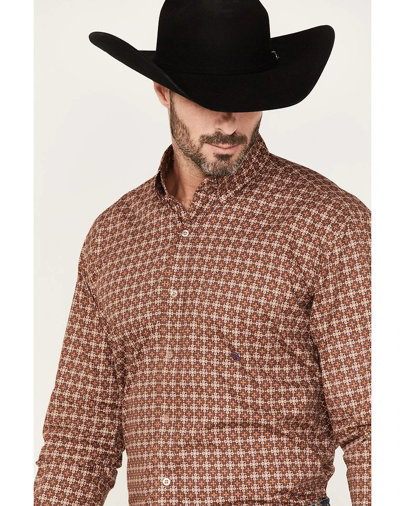 Roper Men's Spiced Plum Geo Print Long Sleeve Button Down Shirt