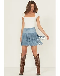 Rock & Roll Denim Women's Embellished Faux Suede Fringe Mini Skirt