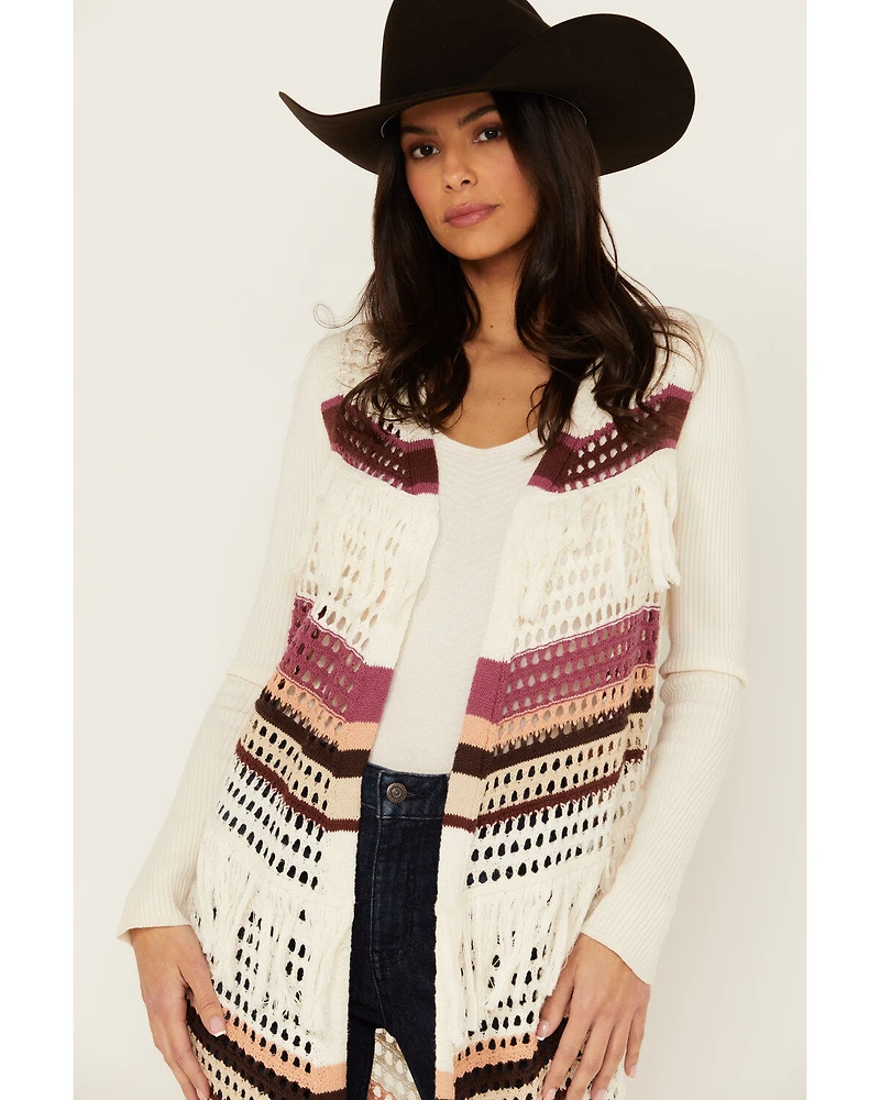 Shyanne Women's Long Striped Crochet Fringe Sweater Vest