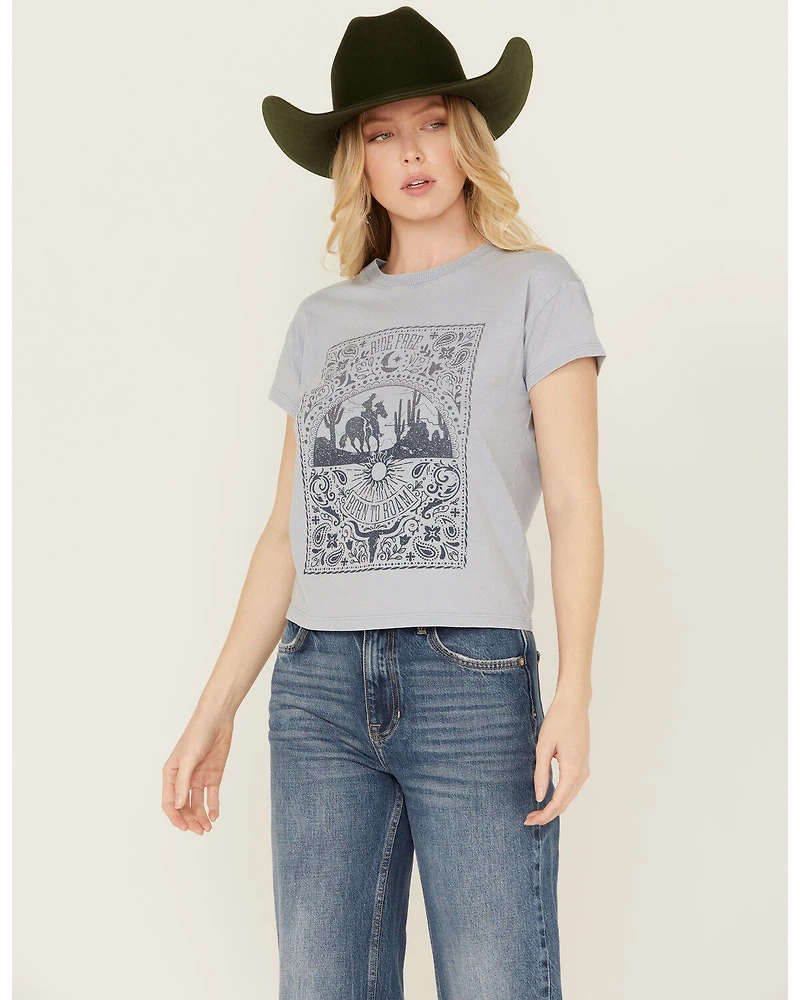 White Crow Women's Ombre Bandana Short Sleeve Graphic Print Tee