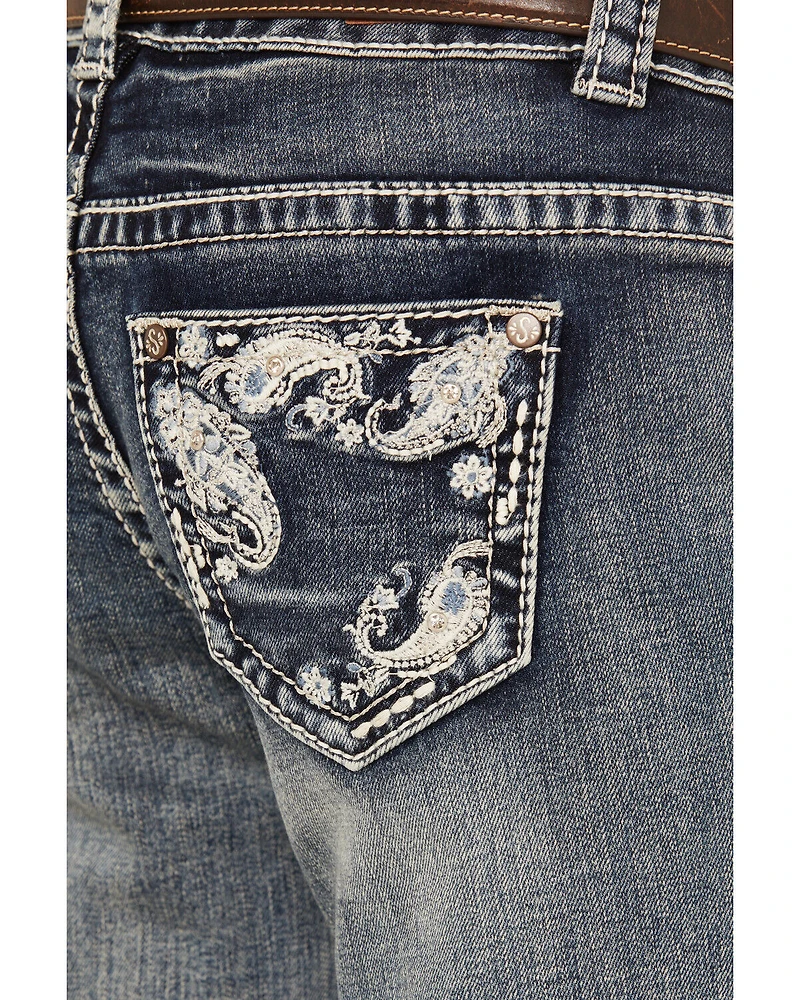 Shyanne Girls' Medium Wash Faded Paisley Pocket Stretch Bootcut Jeans