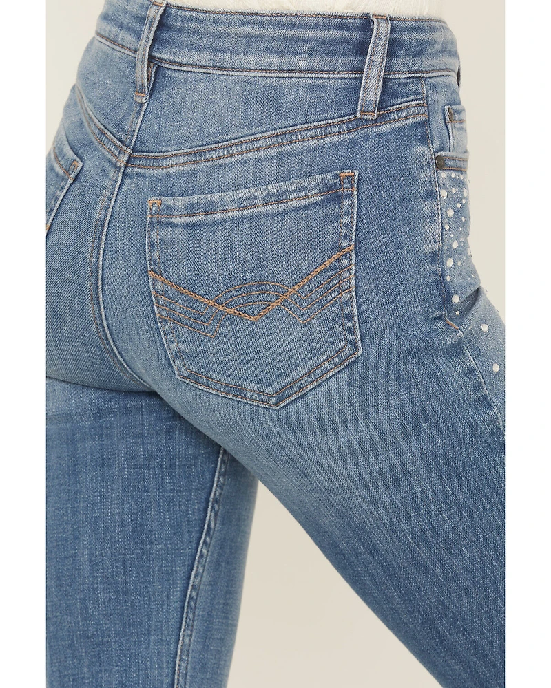 Idyllwind Women's Legend Medium Wash High Rise Rhinestone Studded Bootcut Super Stretch Denim Jeans