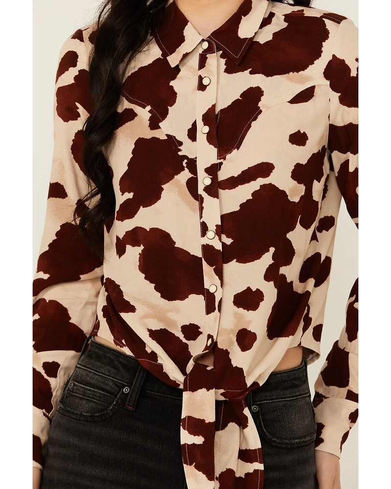 Idyllwind Women's Jeny Cow Print Long Sleeve Snap Tie-Front Western Shirt