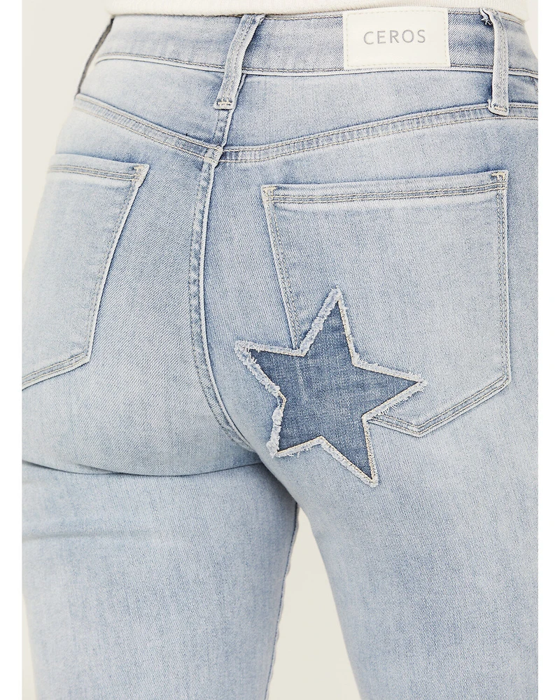Ceros Women's Light Wash High Rise Starred Flare Stretch Jeans