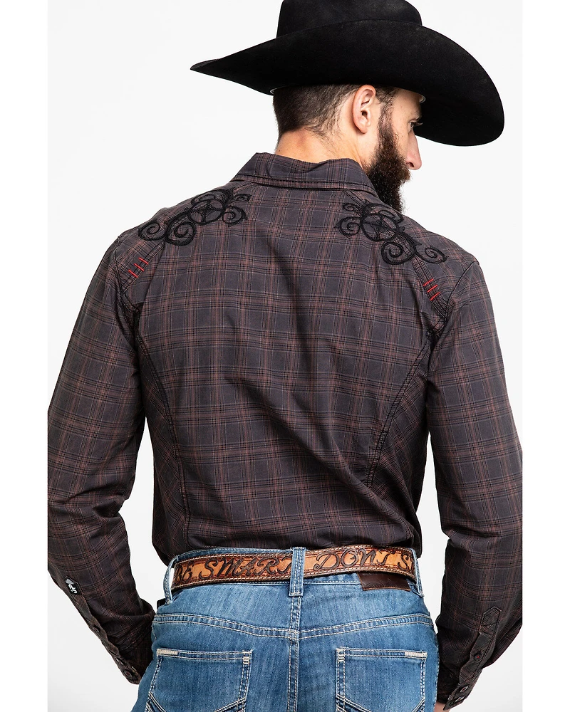 Austin Season Men's Embroidered Cross Plaid Print Button Long Sleeve Western Shirt