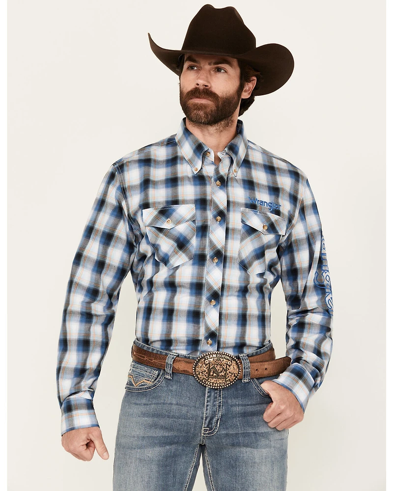 Wrangler Men's Logo Plaid Print Long Sleeve Button-Down Western Shirt