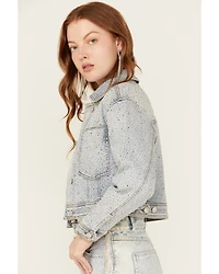 Vibrant Denim Women's Light Wash Rhinestone Cropped Trucker Jacket
