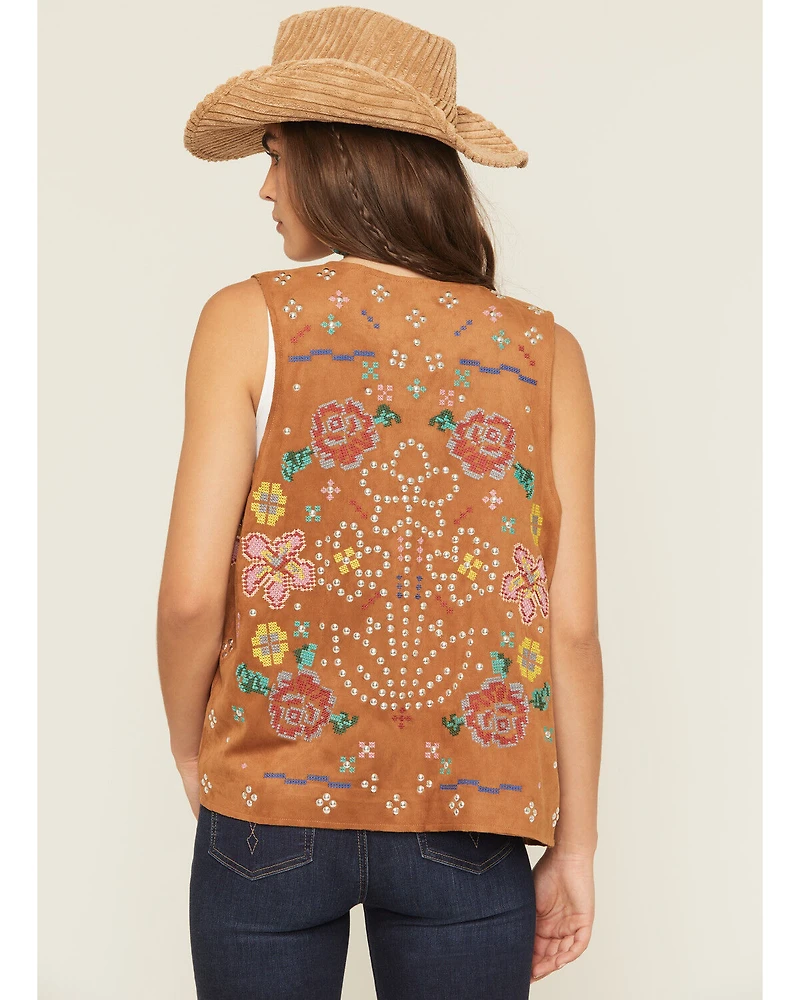 Fornia Women's Floral Embroidered Studded Faux Suede Vest