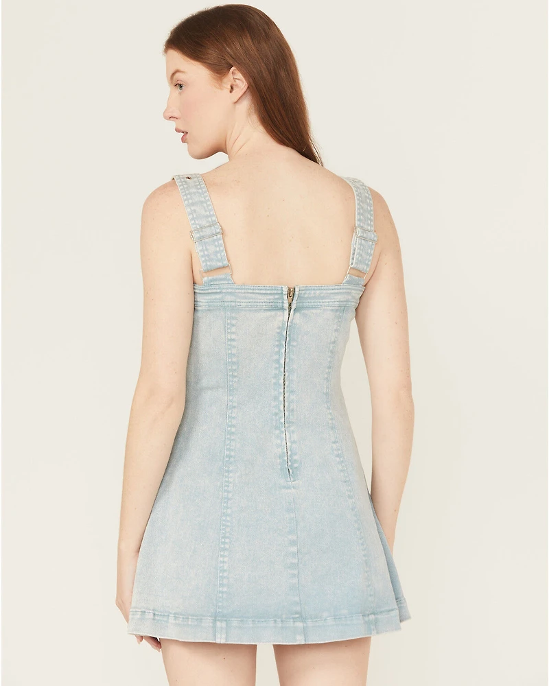 Blue B Women's Light Wash Embellished Buckle Strap Denim Mini Dress