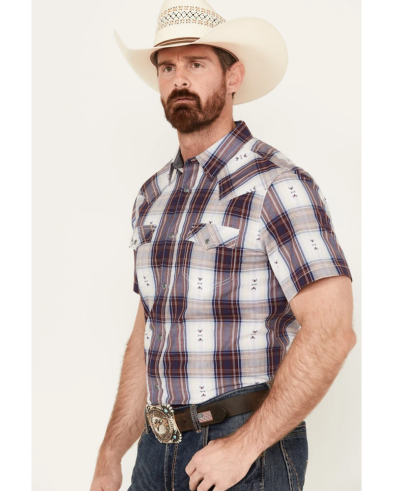 Cody James Men's Dog Southwestern Dobby Plaid Print Short Sleeve Western Snap Shirt