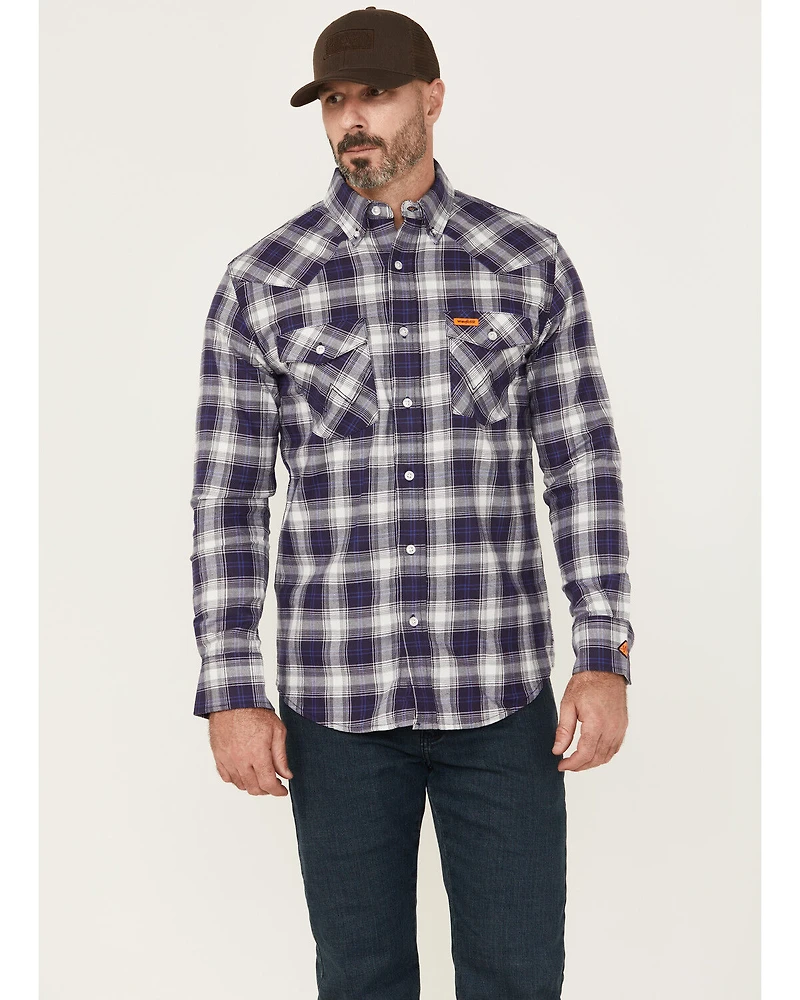 Wrangler Men's FR Plaid Print Long Sleeve Button-Down Work Shirt