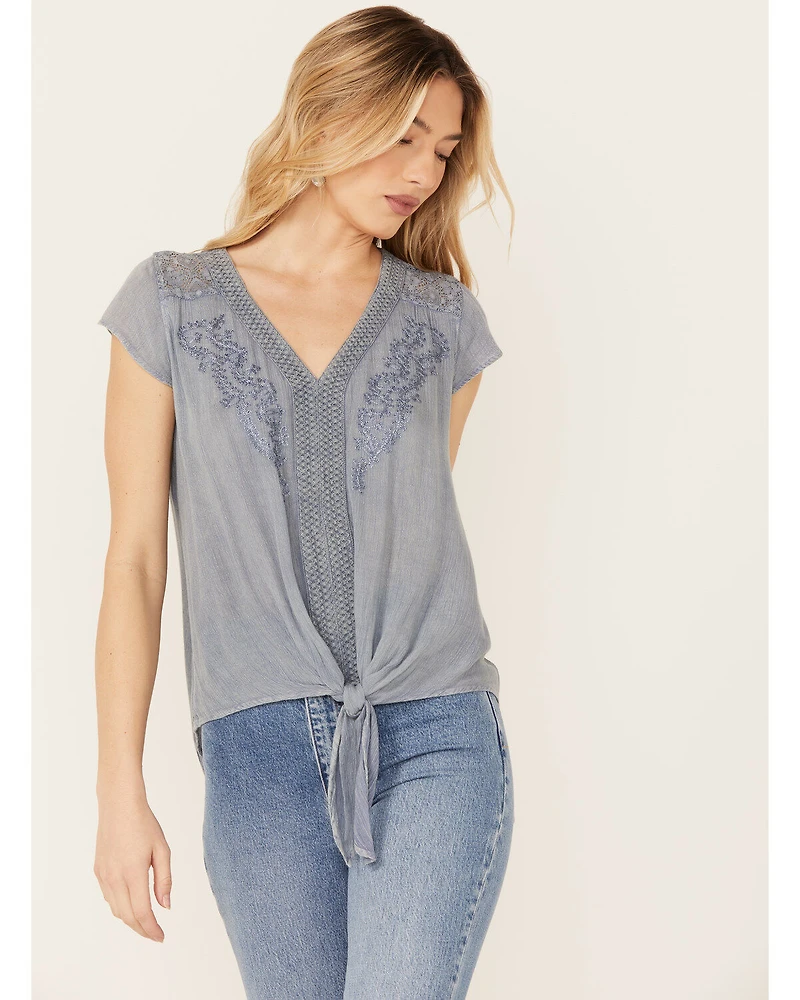 Nostalgia Women's Cap Sleeve Embroidered Tie Front Top