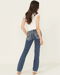 Miss Me Women's Dark Wash Mid Rise Pleather Border Flap Pocket 32" Bootcut Stretch Denim Jeans