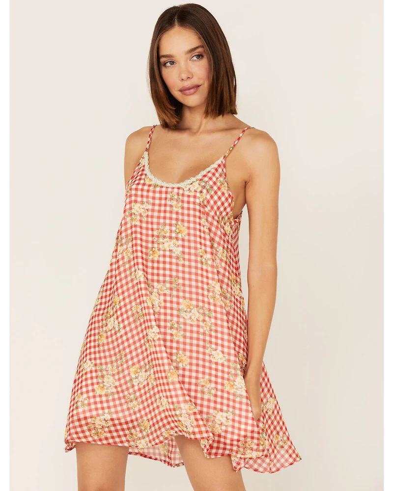 Wild Moss Women's Gingham Floral Print Slip Mini Dress