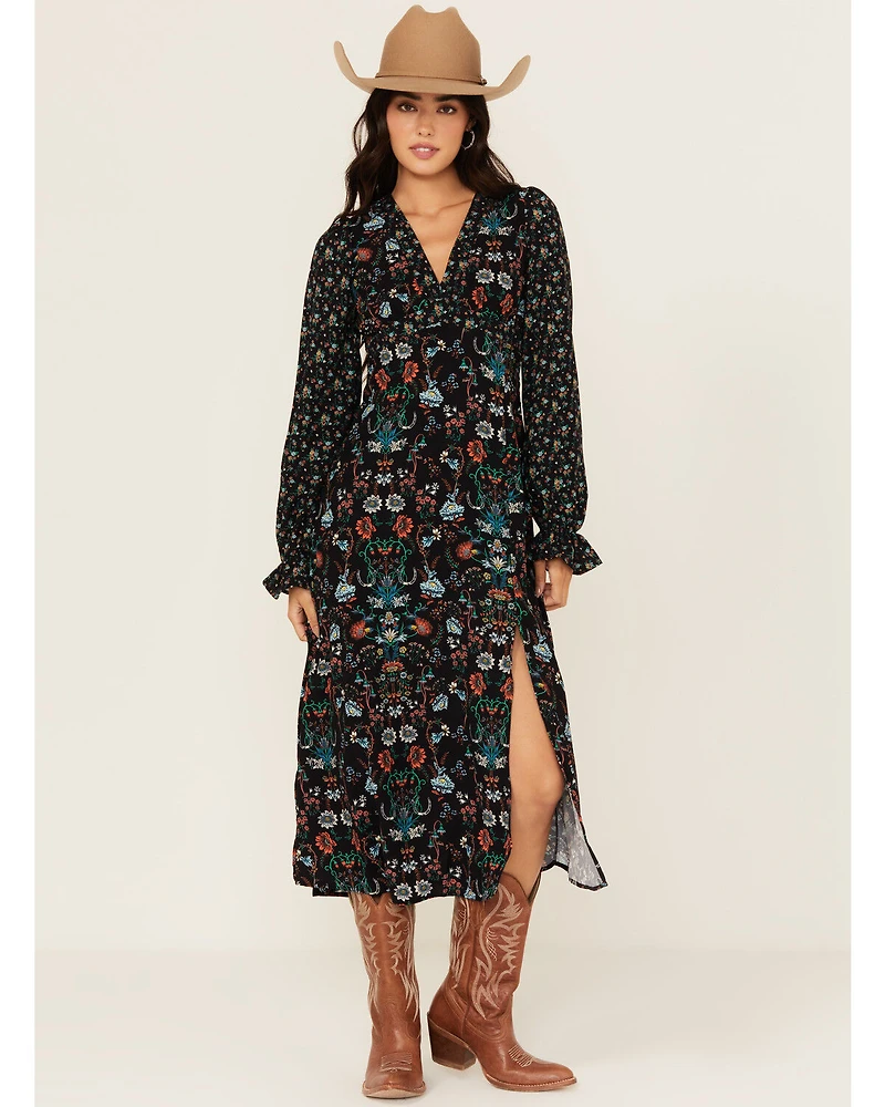Rock & Roll Denim Women's Printed Long Sleeve Midi Dress