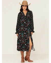 Rock & Roll Denim Women's Printed Long Sleeve Midi Dress