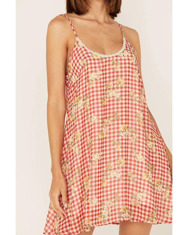 Wild Moss Women's Gingham Floral Print Slip Mini Dress