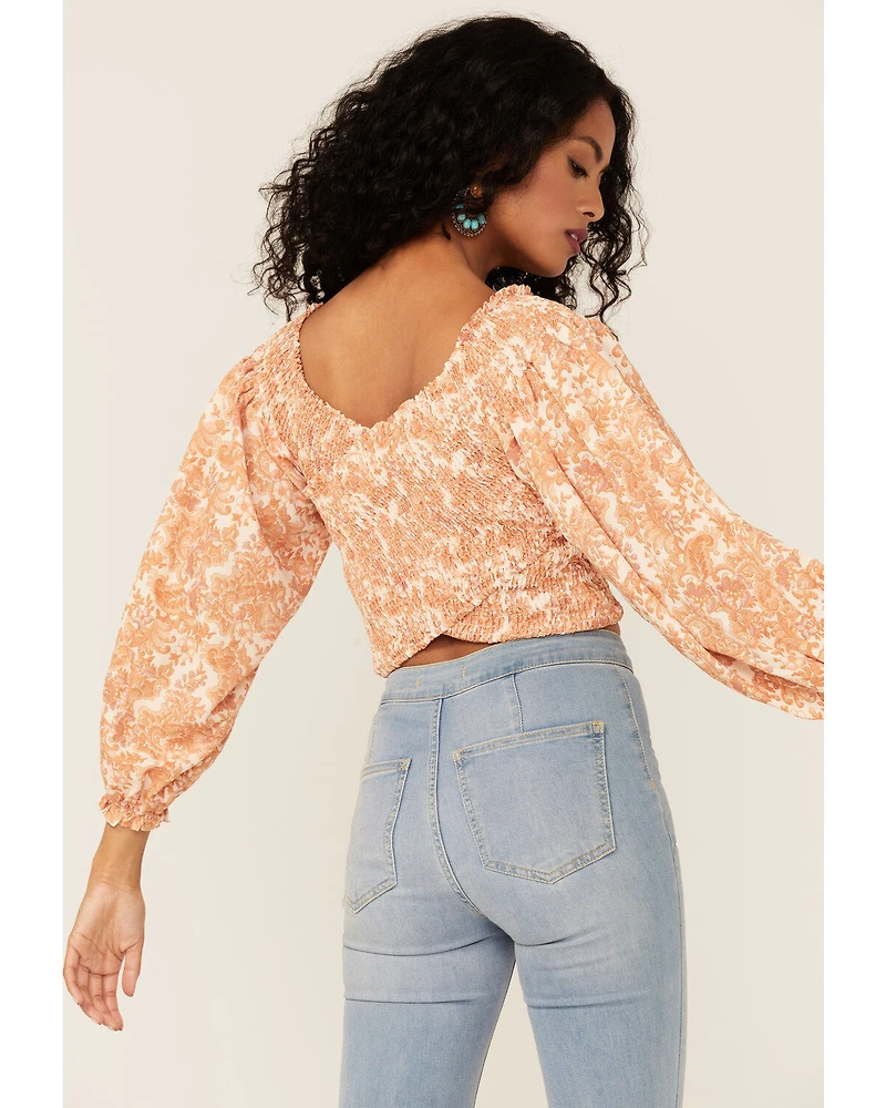 Flying Tomato Women's Criss Cross Smocked Long Sleeve Crop Top