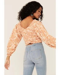 Flying Tomato Women's Criss Cross Smocked Long Sleeve Crop Top
