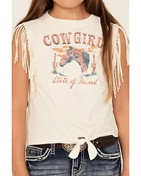 Shyanne Girls' Cowgirl State Fringe Sleeve Tie-Front Tee