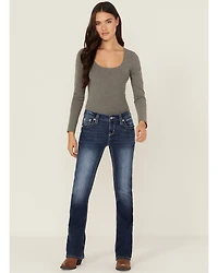 Shyanne Women's Mid Rise Dark Wash Bootcut Paisley Faux Flap Stretch Denim Jeans