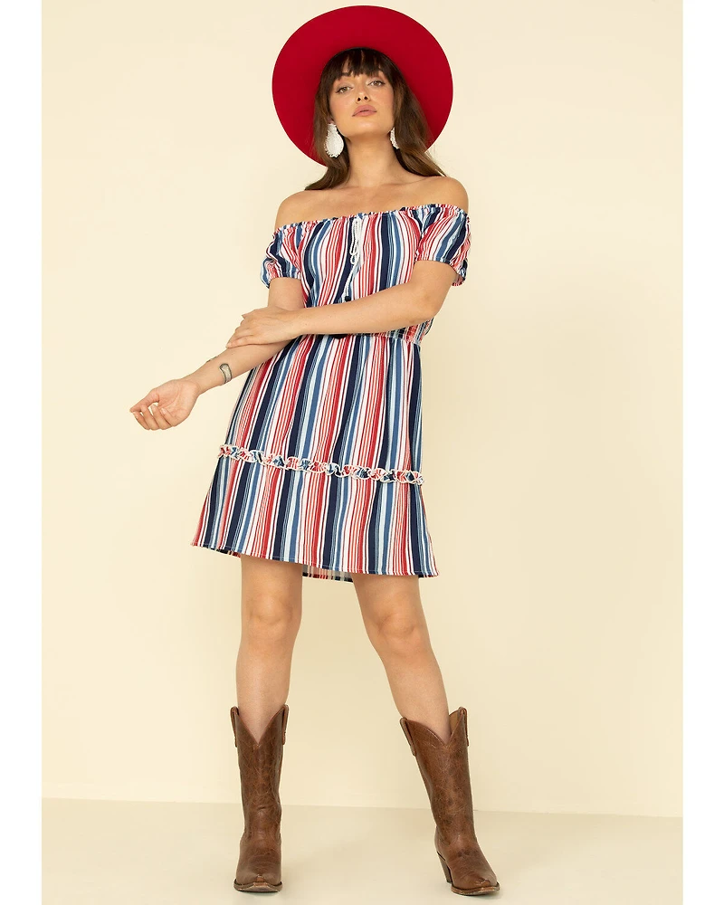 Rock & Roll Denim Women's Stripe Off The Shoulder Mini Dress