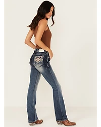 Grace LA Women's Medium Wash Geo Print Embroidered Mid Rise Bootcut Stretch Denim Jeans
