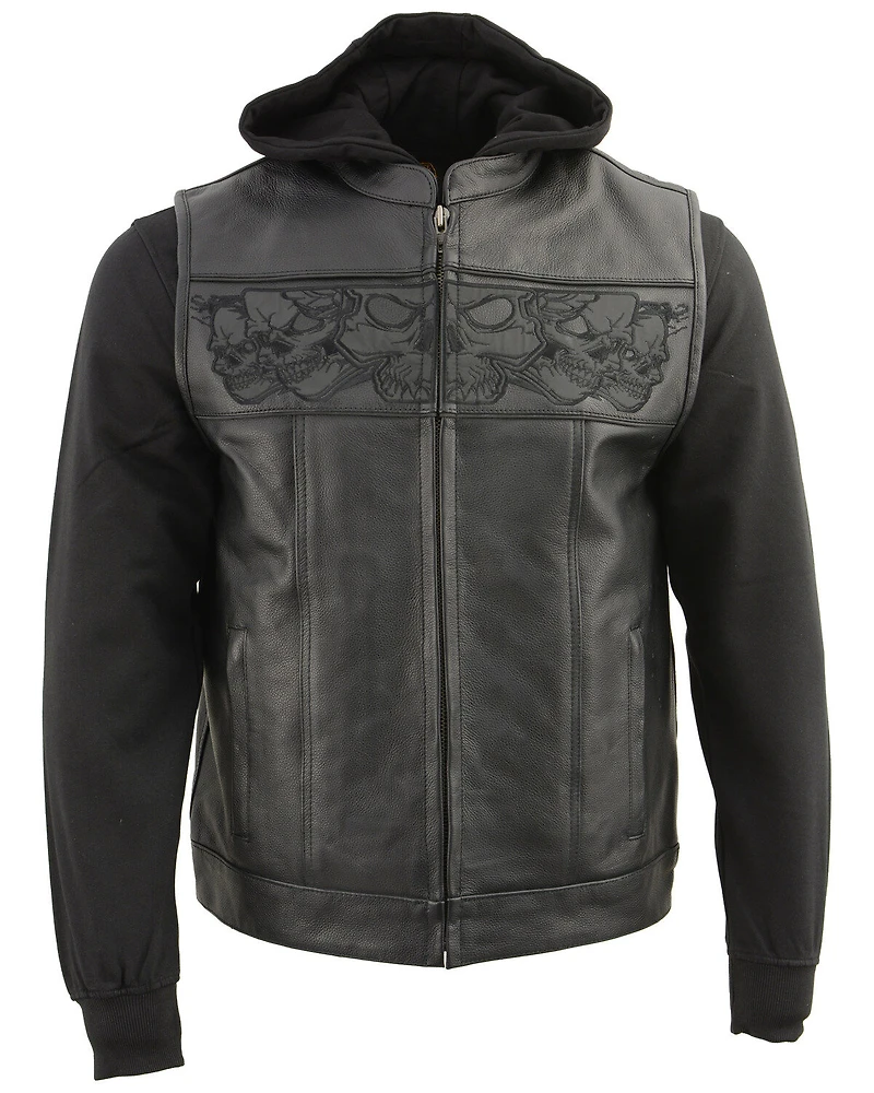 Milwaukee Leather Men's Concealed Carry Vest with Reflective Skulls and Removeable Hoodie