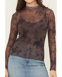 Blue B Women's Cowboy Conversation Print Long Sleeve Mesh Shirt