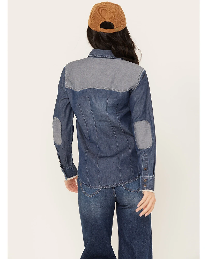 Cleo + Wolf Women's Blocked Embroidered Long Sleeve Denim Shirt