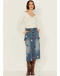 Driftwood Women's Medium Wash Floral Embroidered Denim Cargo Midi Skirt