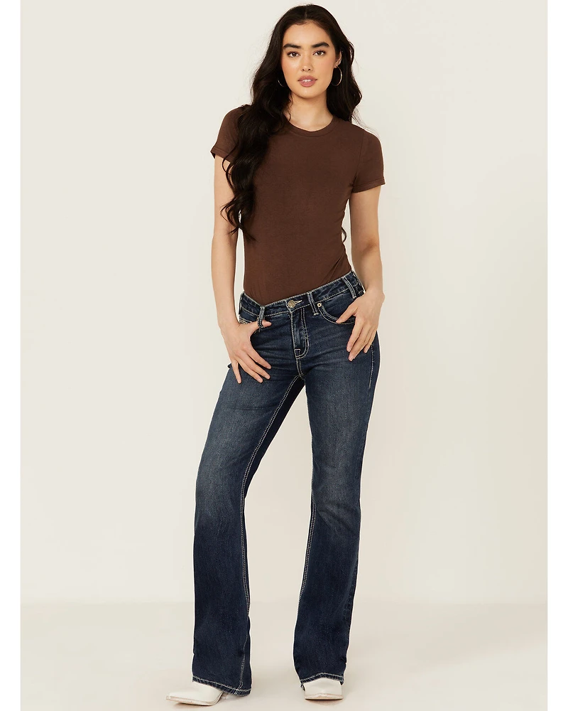 Rock & Roll Denim Women's Dark Wash Mid Rise Geo Pocket Bootcut Stretch Jeans