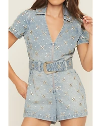 Show Me Your Mumu Women's Medium Wash Dolly Embellished Short Sleeve Denim Romper