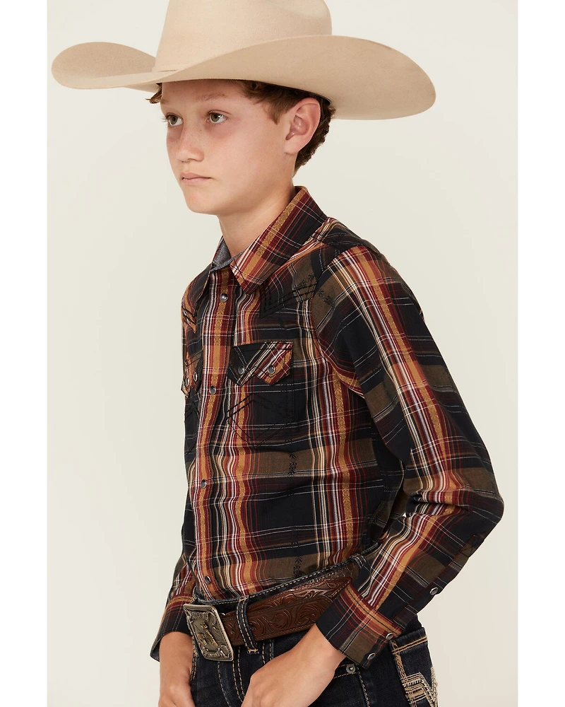 Cody James Boys' Trouble Dobby Plaid Print Long Sleeve Snap Western Shirt