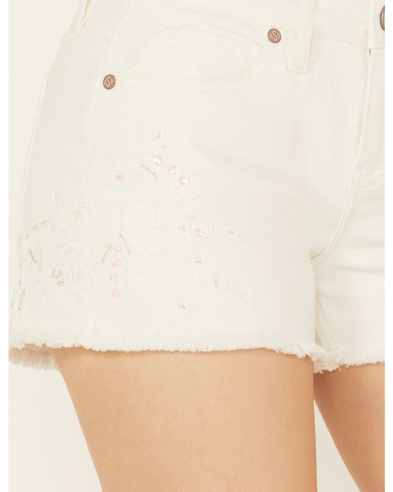 Shyanne Women's Bridal Mid Rise Lace Denim Shorts