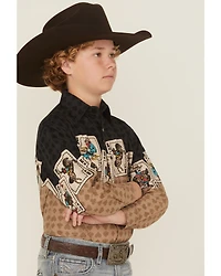 Panhandle Slim Boys' Cards Border Long Sleeve Snap Western Shirt
