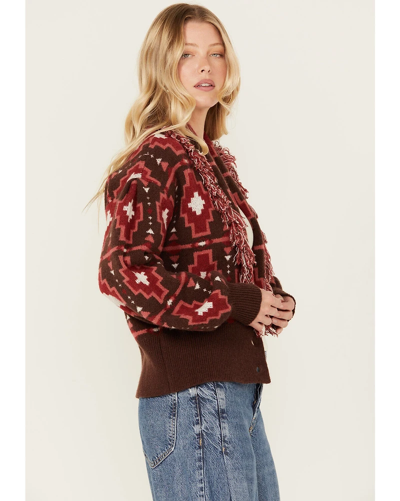 Shyanne Women's Cropped Southwestern Print Fringe Sweater